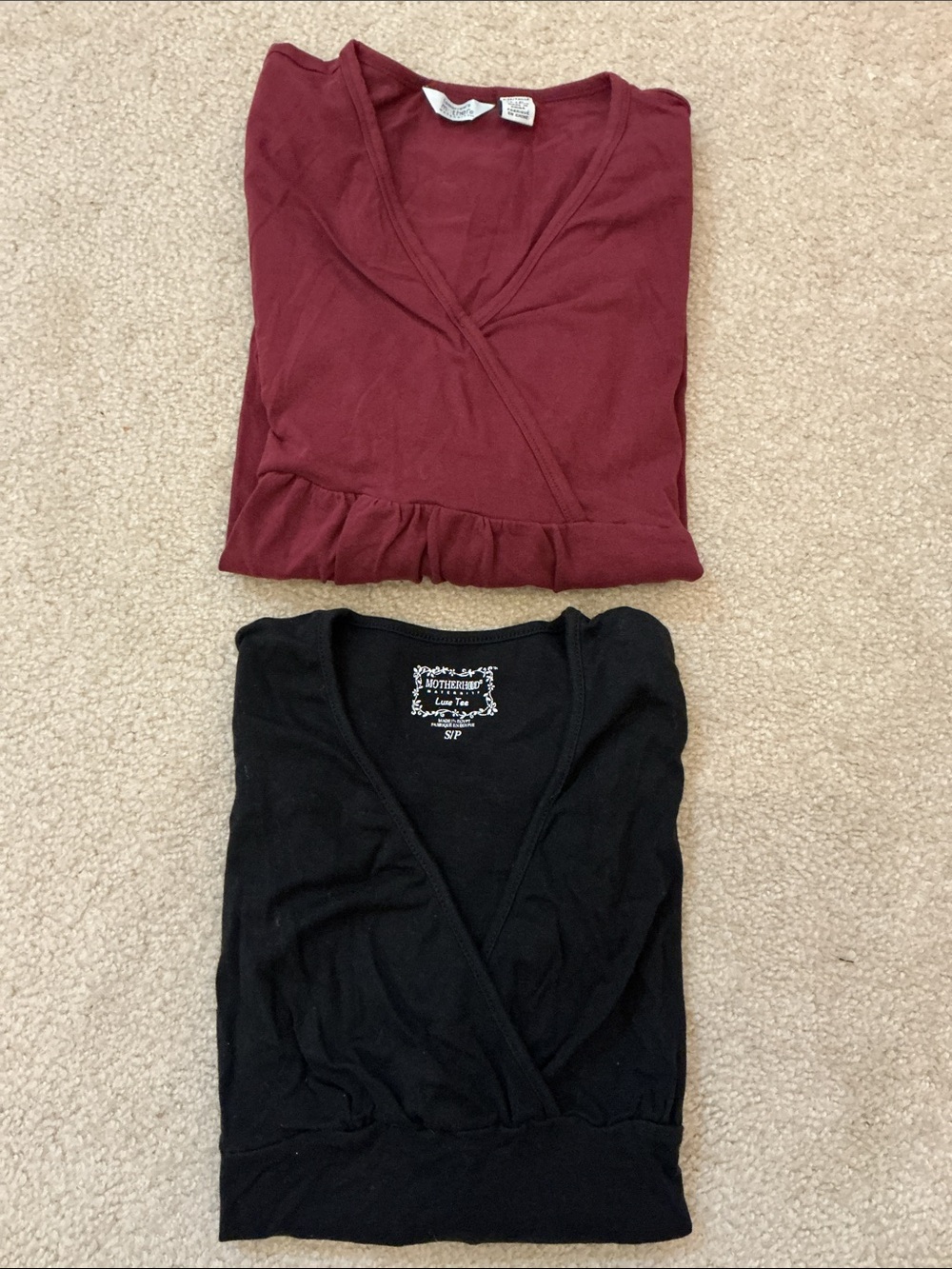 Bundle of 2 Maternity Long-Sleeve T-Shirt Tops - Black and Burgundy - Size S